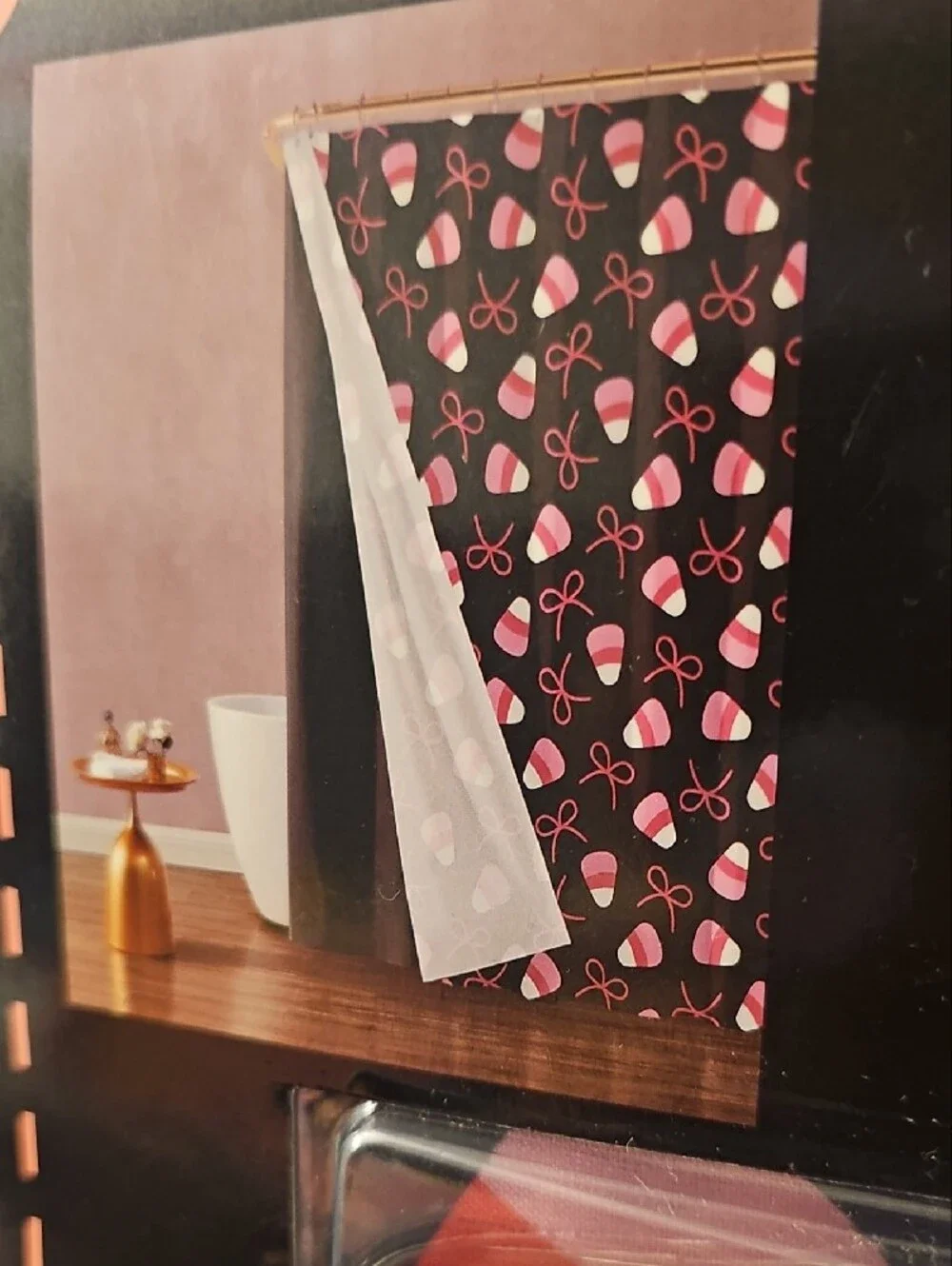 Betsey Johnson Black and Pink Candy Corn Shower Curtain Set - Halloween